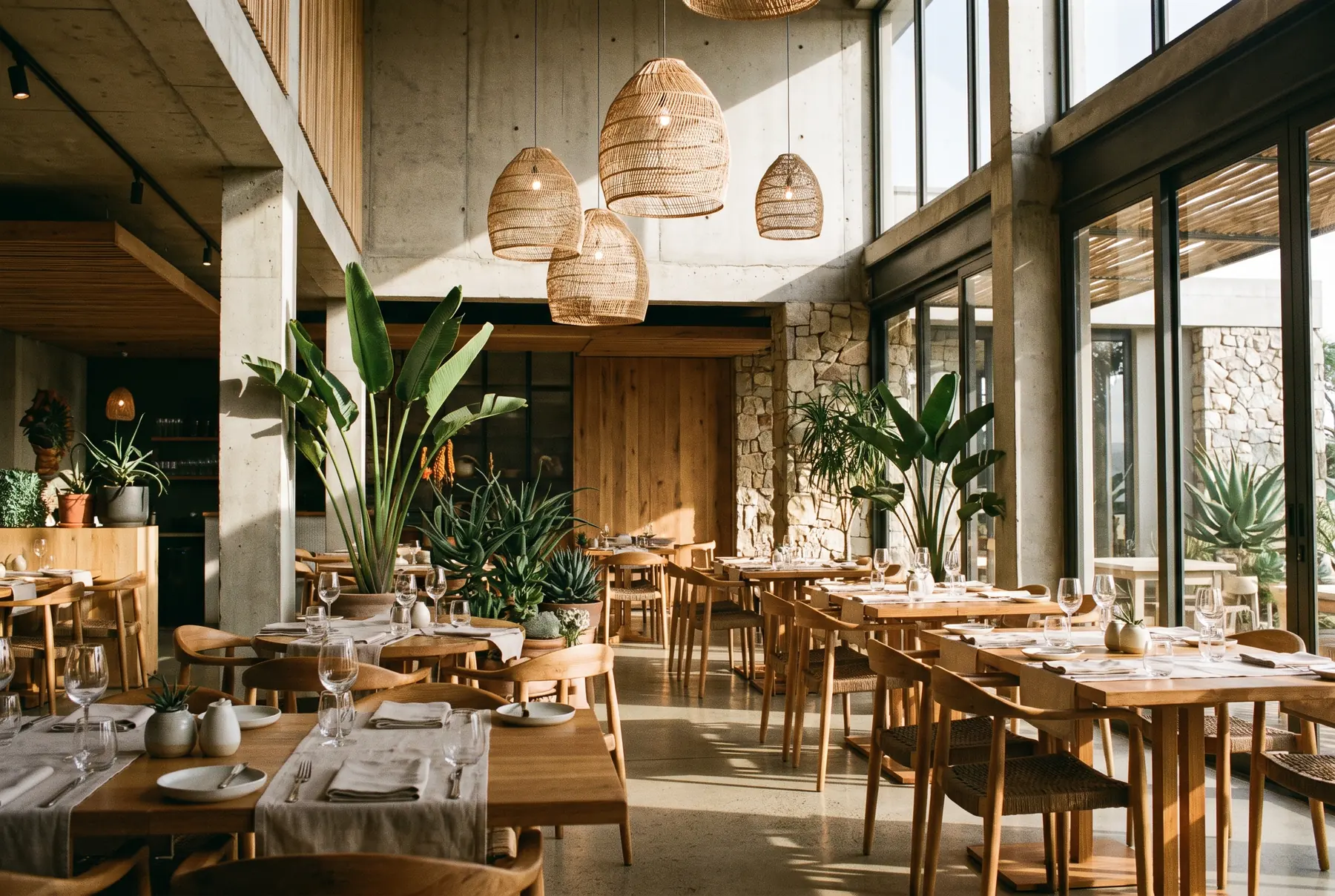 The interior of a South African restaurant set for service, with timber tables and woven pendant lights
